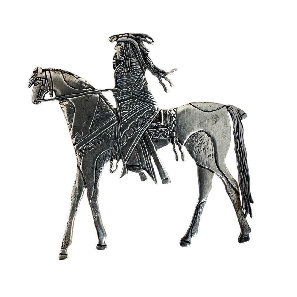 Rare Frank Salcido Sterling Silver Native American Rider Brooch – Signed STP